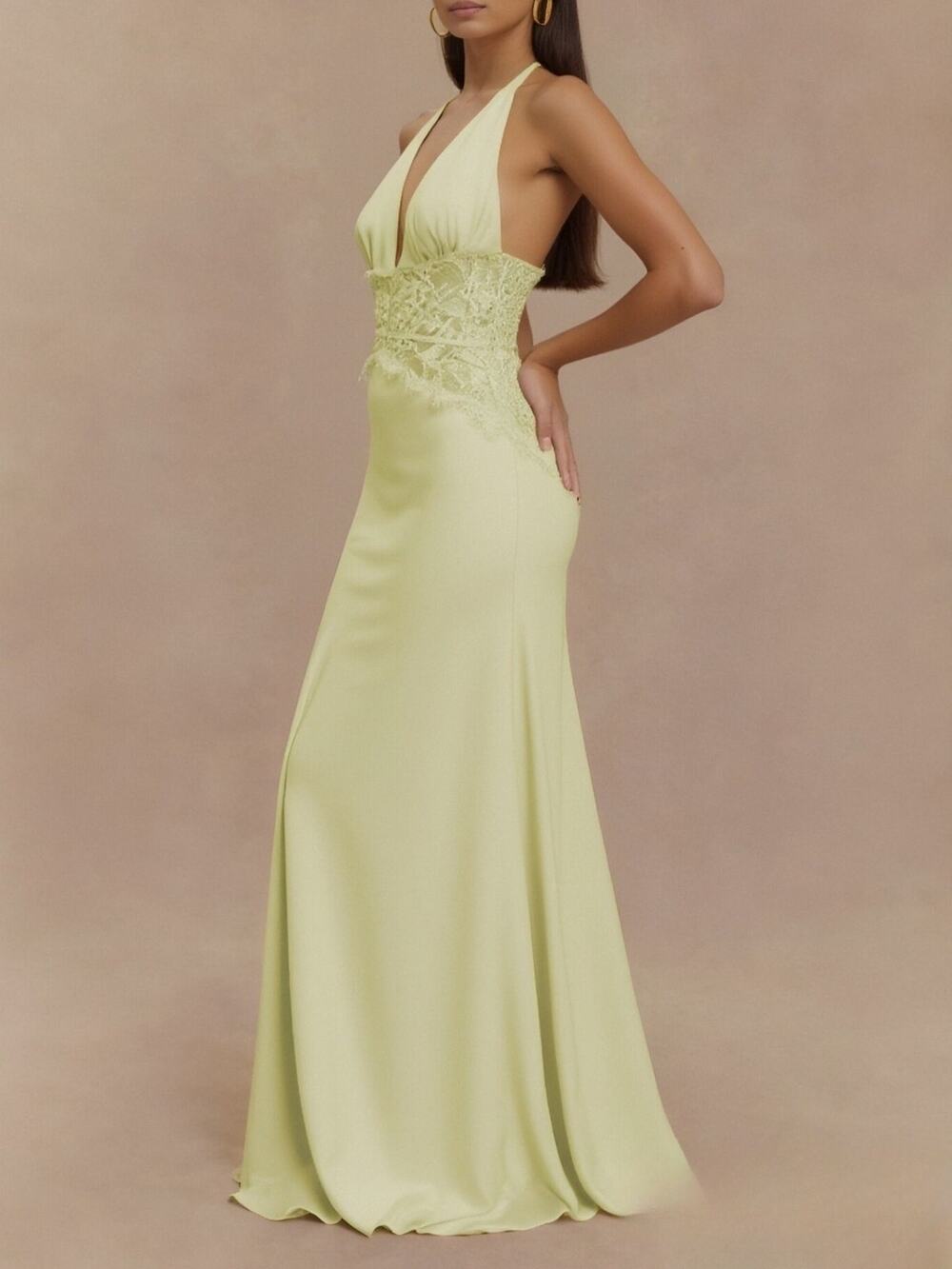 Halter Neck Lace Trimmed Maxi Dress